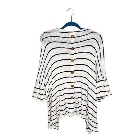 Altar’d State White & Navy Blue Striped Ruffle Sleeve Button Back Cardigan - Picture 5 of 9